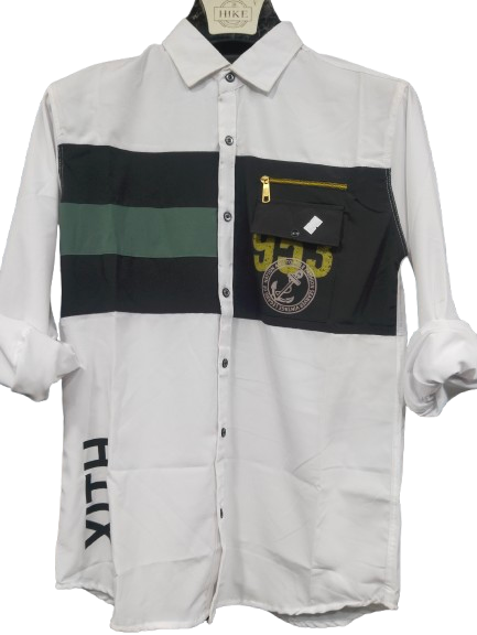 White cotton shirt featuring a unique color-block design