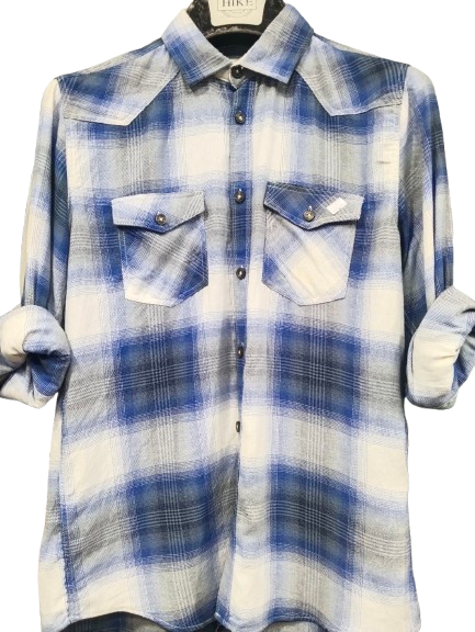 Blue and white plaid shirt.